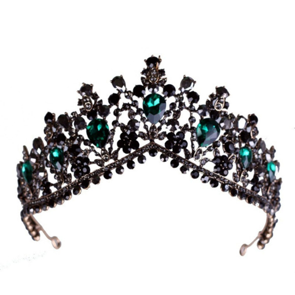 Green Black Rhinestone Bronze Tone Metal Tiara Crown Elegant Bridal Prom NEW - Picture 3 of 10